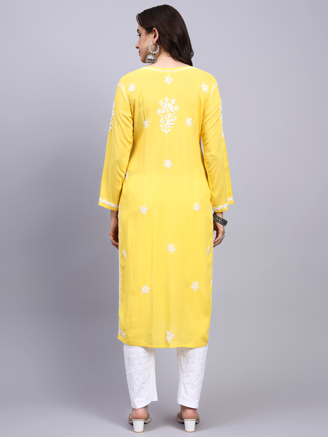 Women Hand Embroidered Chikankari Modal Kurta-AL4059 Dark Yellow