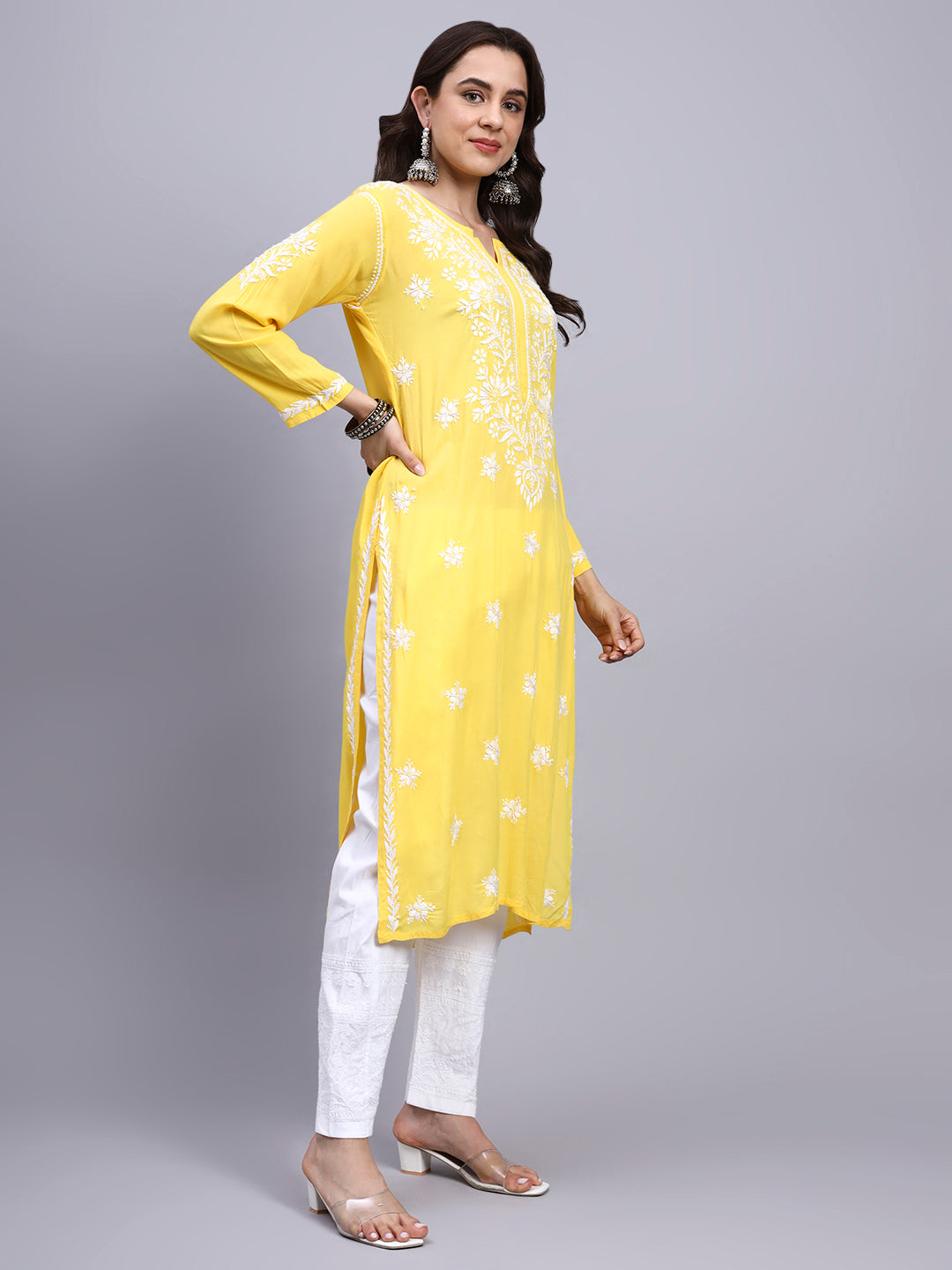 Women Hand Embroidered Chikankari Modal Kurta-AL4059 Dark Yellow