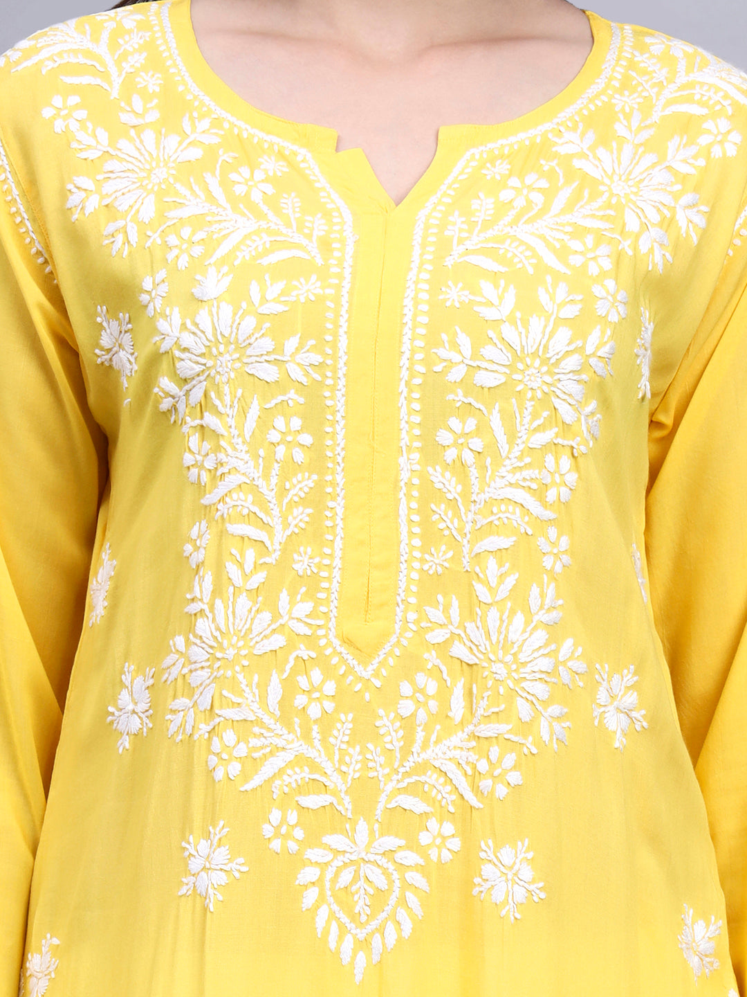 Women Hand Embroidered Chikankari Modal Kurta-AL4059 Dark Yellow