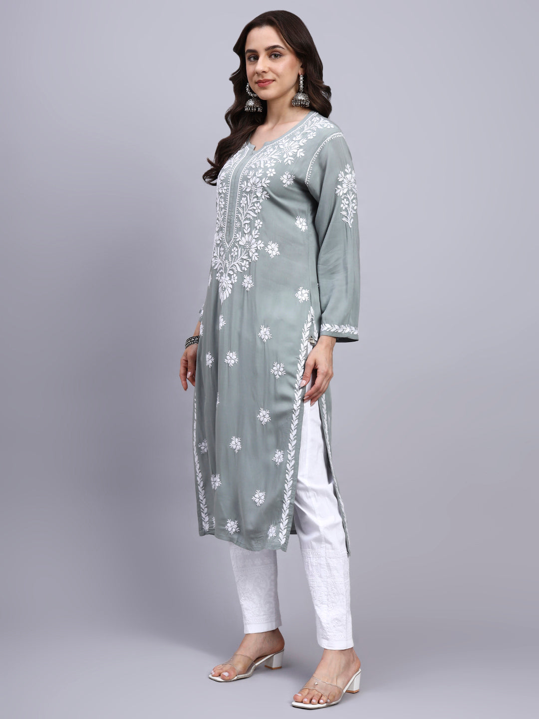 Women Hand Embroidered Chikankari Modal Kurta-AL4059 Light Grey