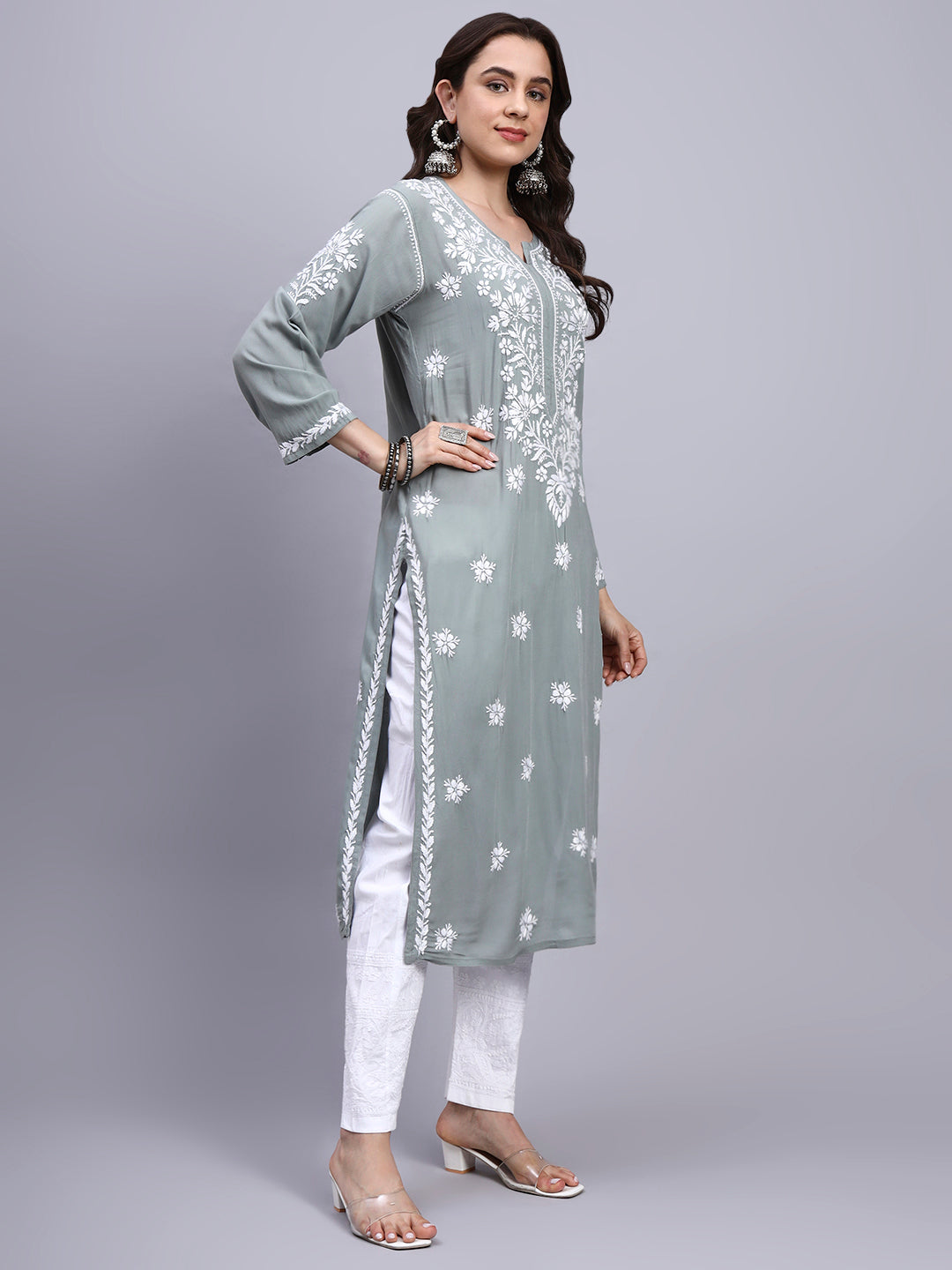 Women Hand Embroidered Chikankari Modal Kurta-AL4059 Light Grey