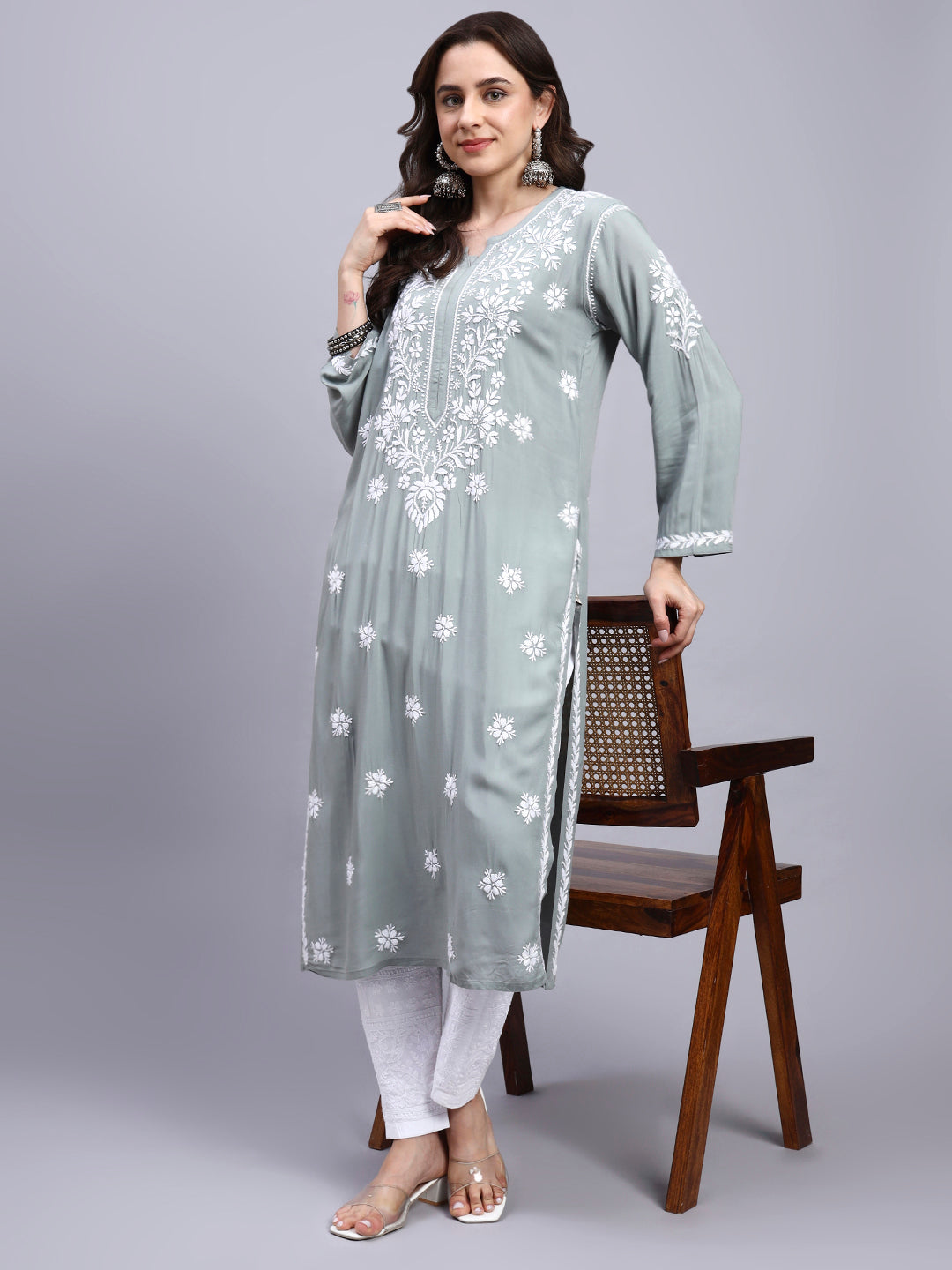 Women Hand Embroidered Chikankari Modal Kurta-AL4059 Light Grey