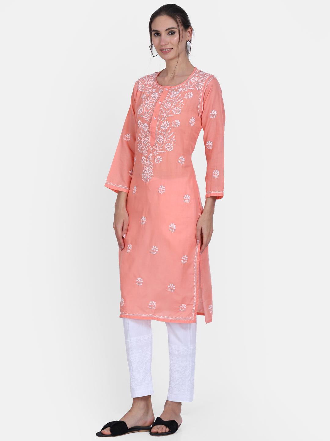 Hand Embroidered Chikankari Cotton Straight Kurta -ALNTV115 Peach
