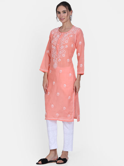Hand Embroidered Chikankari Cotton Straight Kurta -ALNTV115 Peach