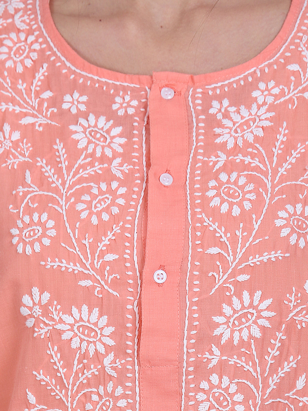 Hand Embroidered Chikankari Cotton Straight Kurta -ALNTV115 Peach