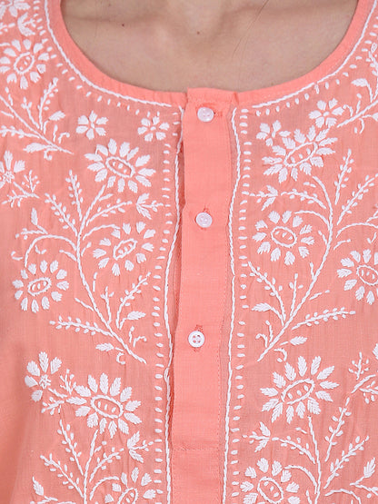 Hand Embroidered Chikankari Cotton Straight Kurta -ALNTV115 Peach