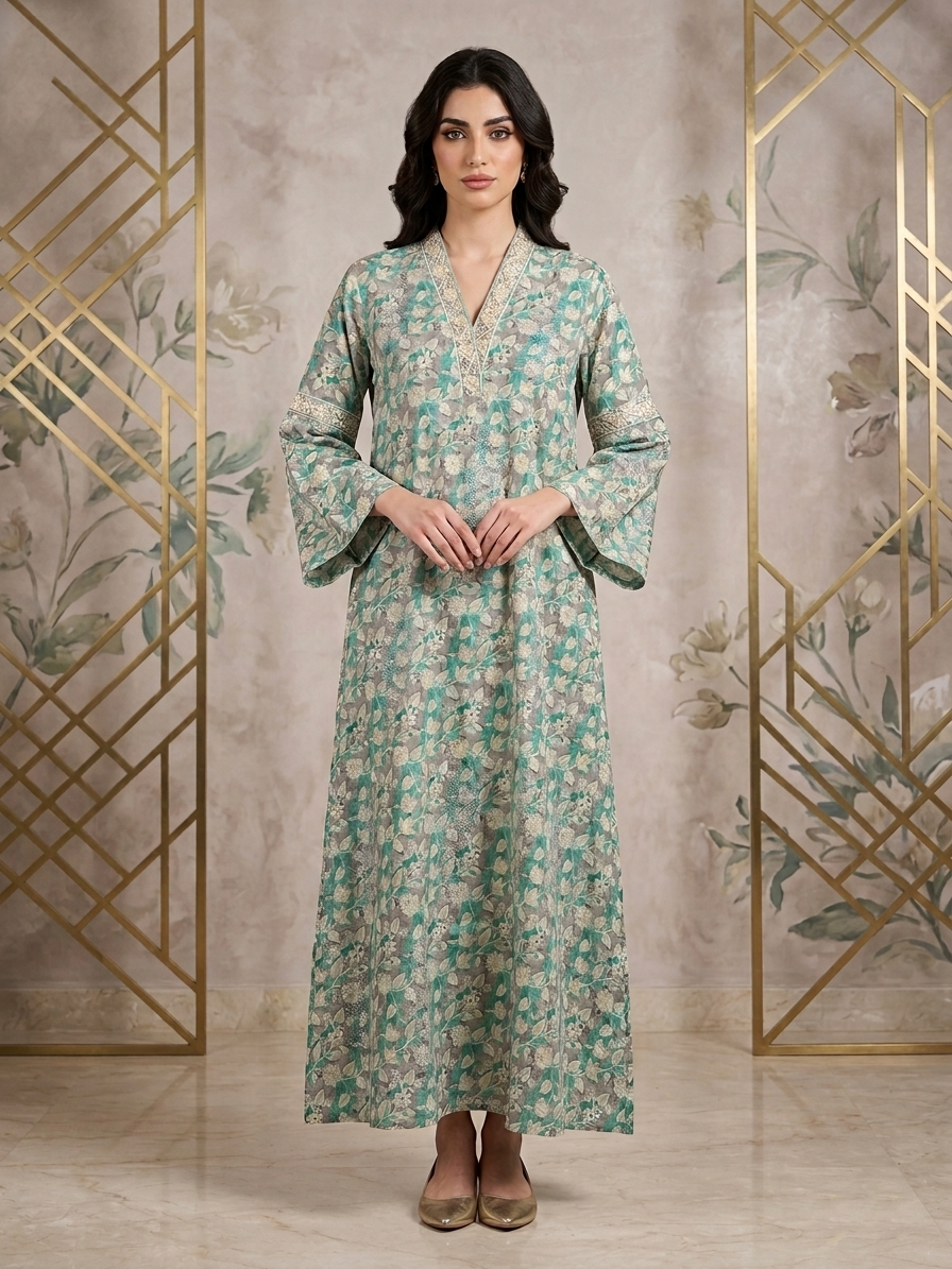 Women Floral Printed Rayon Jalabiya with Bell Sleeves & V-Neckline-AL4007 NEW1