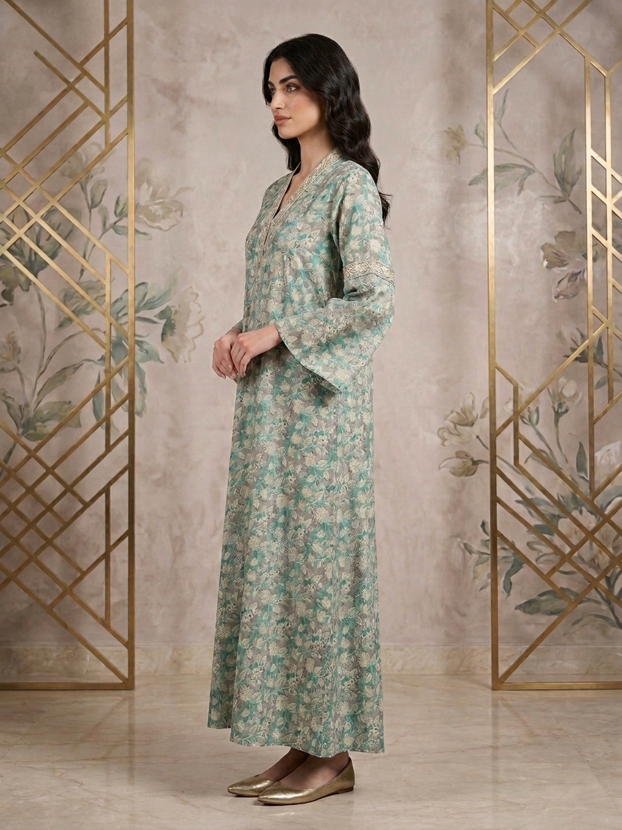 Women Floral Printed Rayon Jalabiya with Bell Sleeves & V-Neckline-AL4007 NEW1