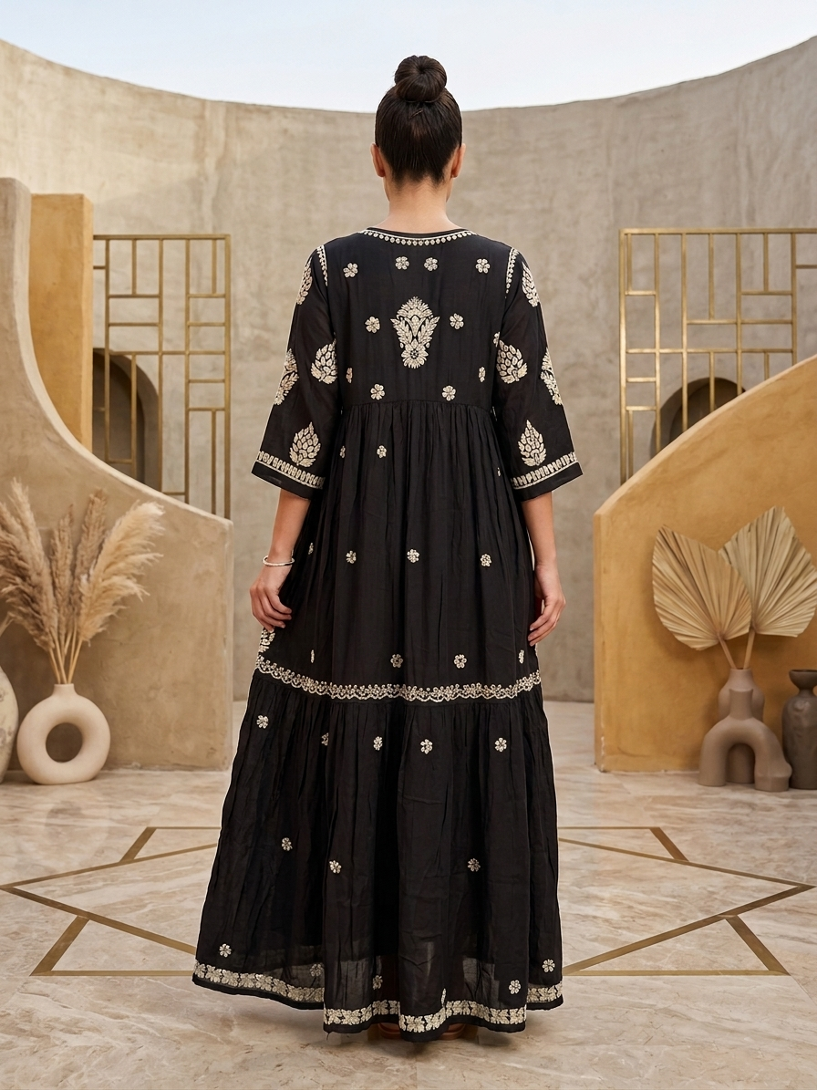 Hand Embroidered Chikankari Muslin Jalabiya-AL4016NEW