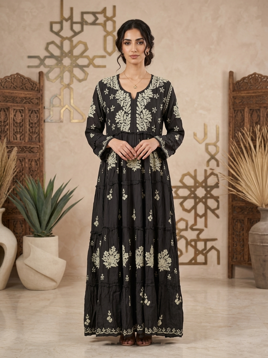 Hand Embroidered Chikankari Muslin Jalabiya-AL4003 NEW