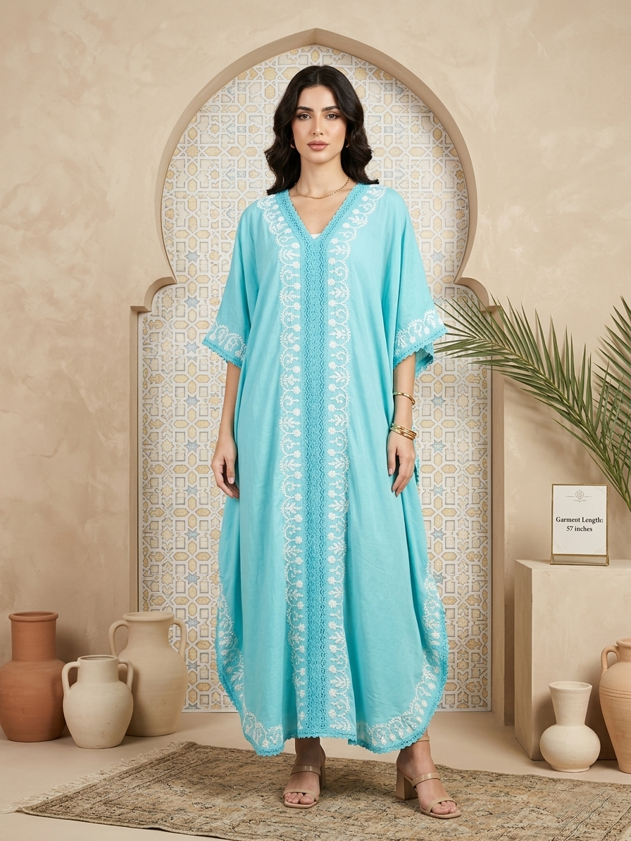 Hand Embroidered Chikankari Cotton Kaftan-AL2556
