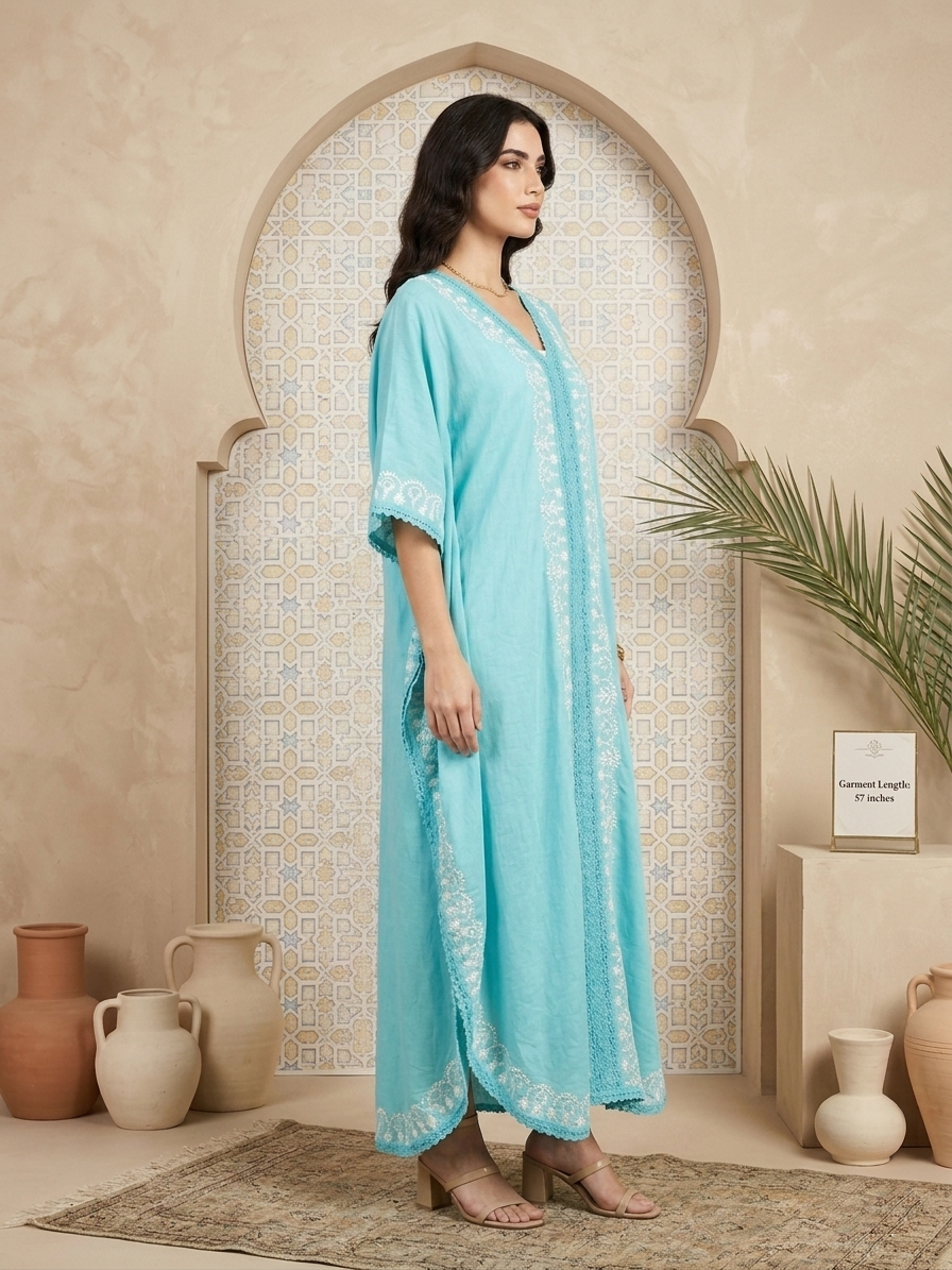 Hand Embroidered Chikankari Cotton Kaftan-AL2556
