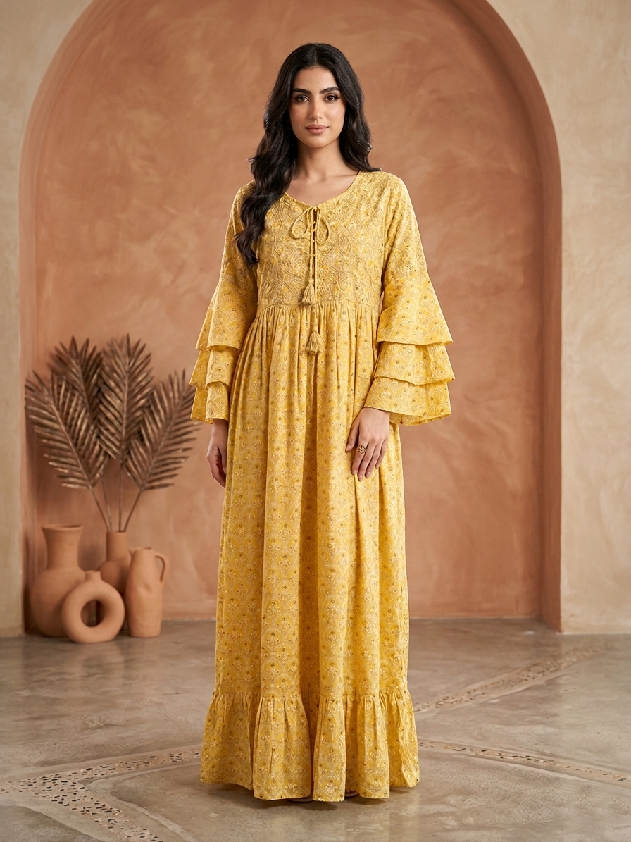 Women Floral Printed Rayon Jalabiya with Lace-Up Neckline-AL4006