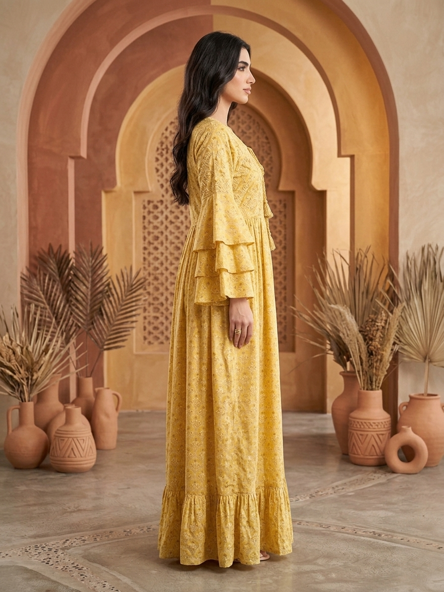 Women Floral Printed Rayon Jalabiya with Lace-Up Neckline-AL4006