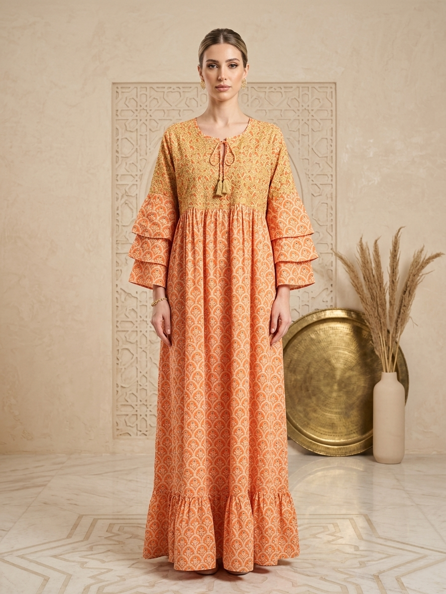Women Floral Printed Rayon Jalabiya with Lace-Up Neckline-AL4006