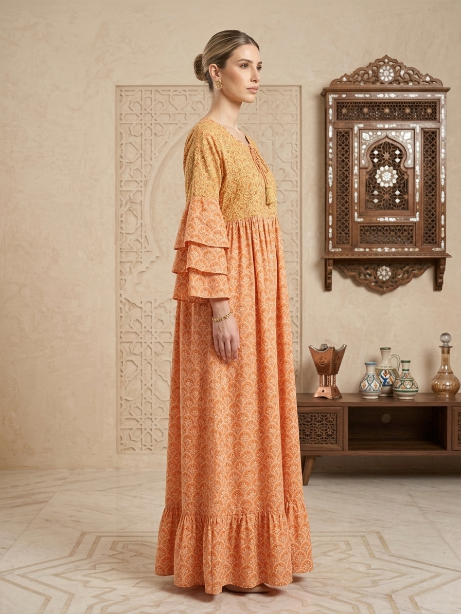 Women Floral Printed Rayon Jalabiya with Lace-Up Neckline-AL4006
