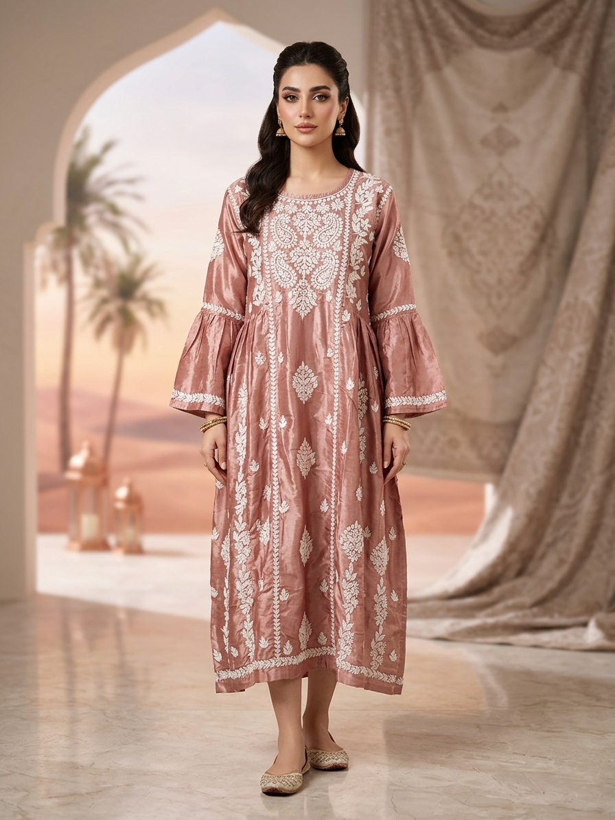 Hand Embroidered Chikankari Silk Jalabiya-AL3886