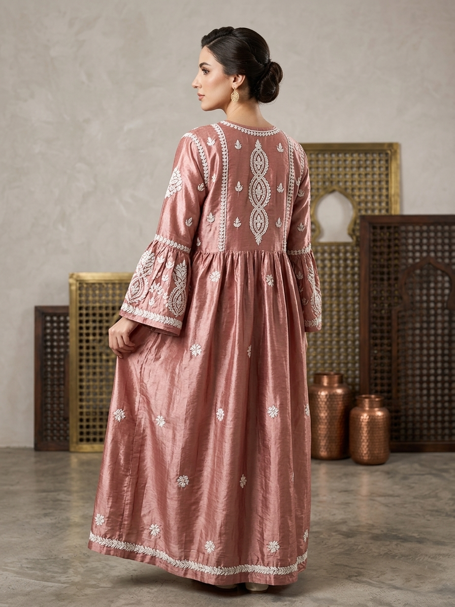Hand Embroidered Chikankari Silk Jalabiya-AL3886