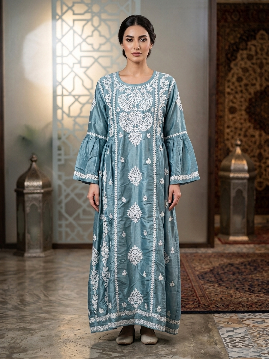 Hand Embroidered Chikankari Silk Jalabiya-AL3886