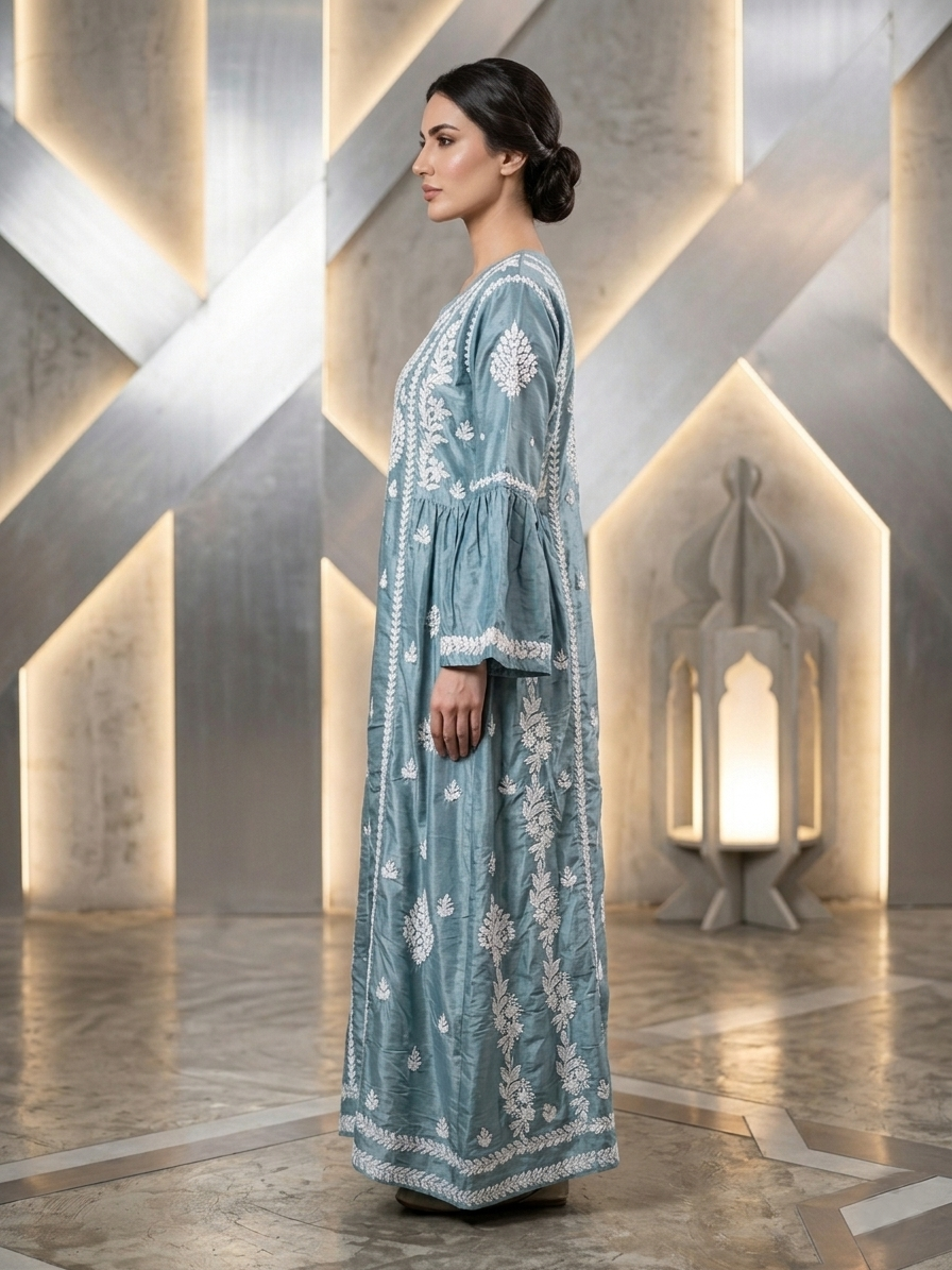 Hand Embroidered Chikankari Silk Jalabiya-AL3886
