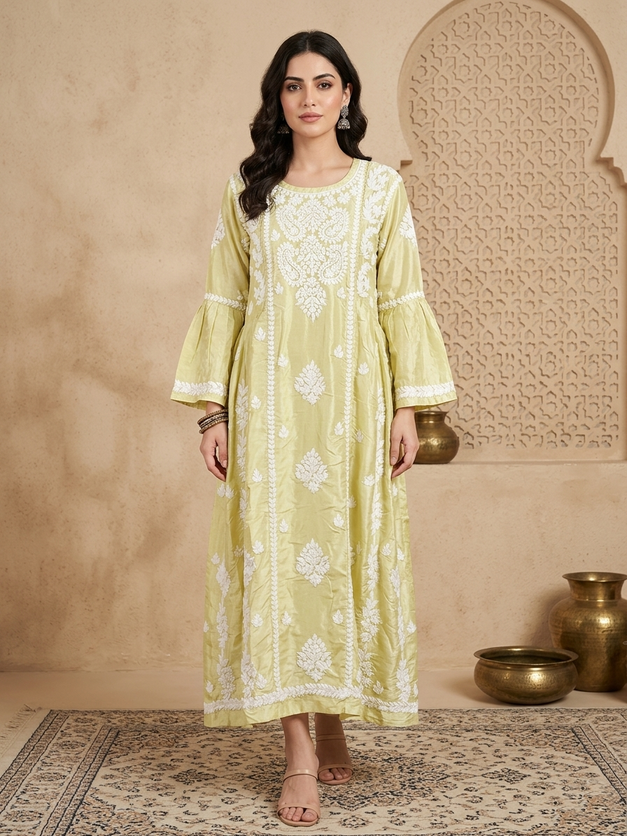 Hand Embroidered Chikankari Silk Jalabiya-AL3886