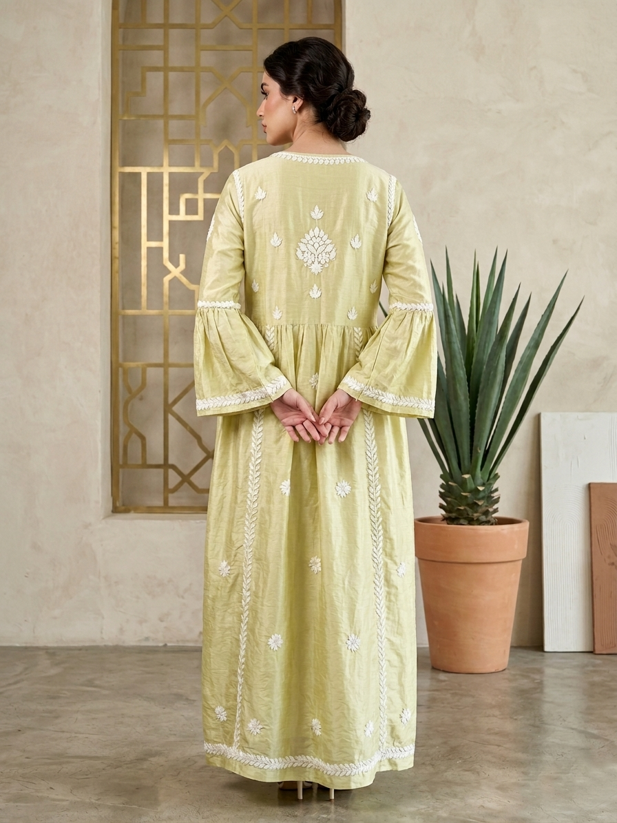 Hand Embroidered Chikankari Silk Jalabiya-AL3886