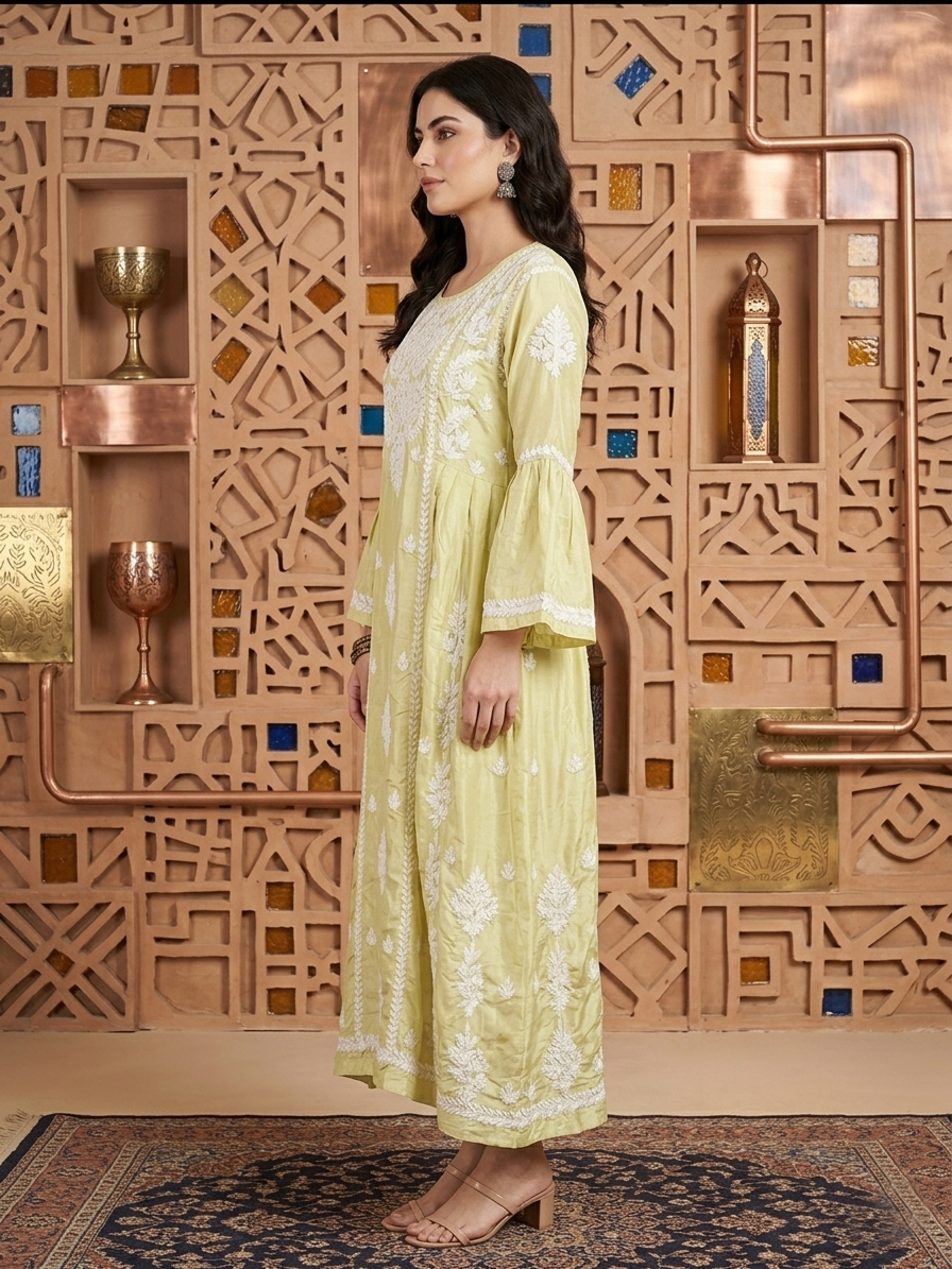 Hand Embroidered Chikankari Silk Jalabiya-AL3886