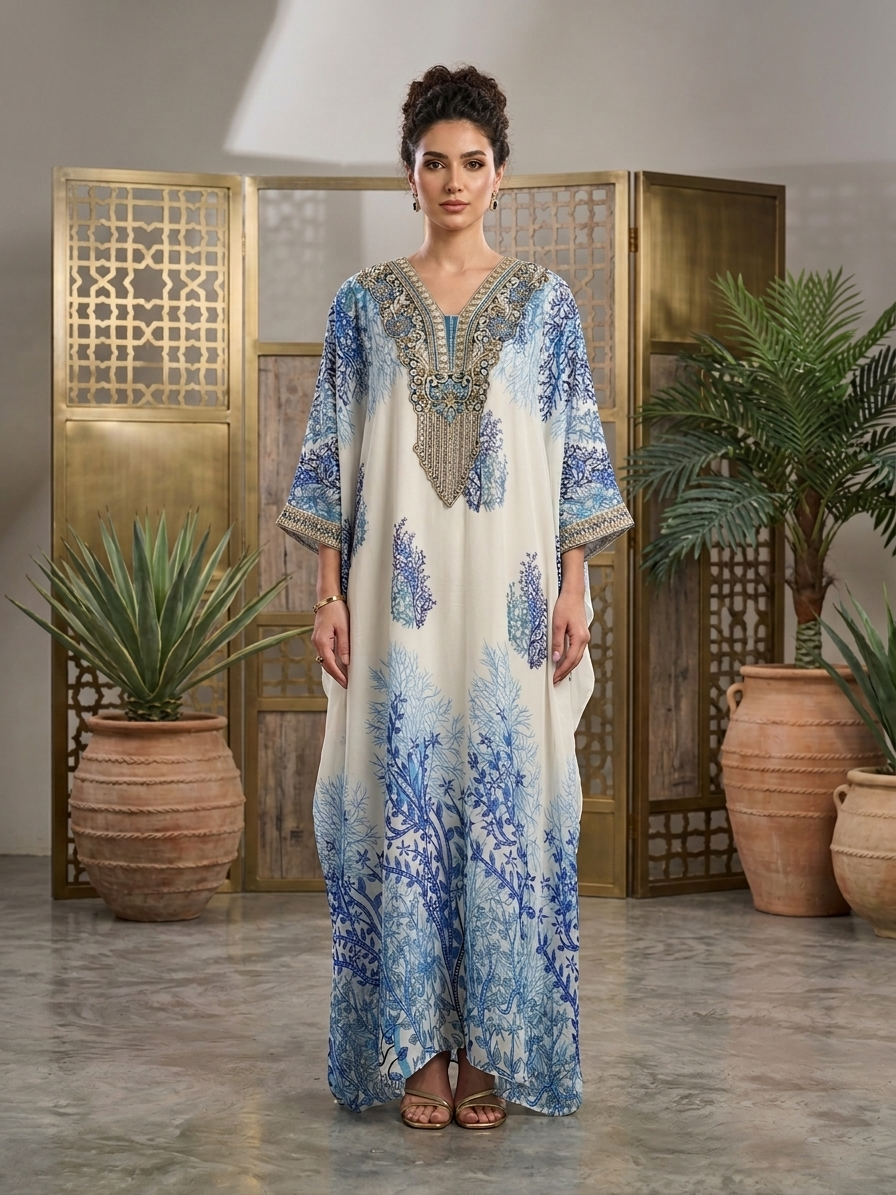 Hand Embroidered Chikankari Chiffon Kaftan-AL3851A New