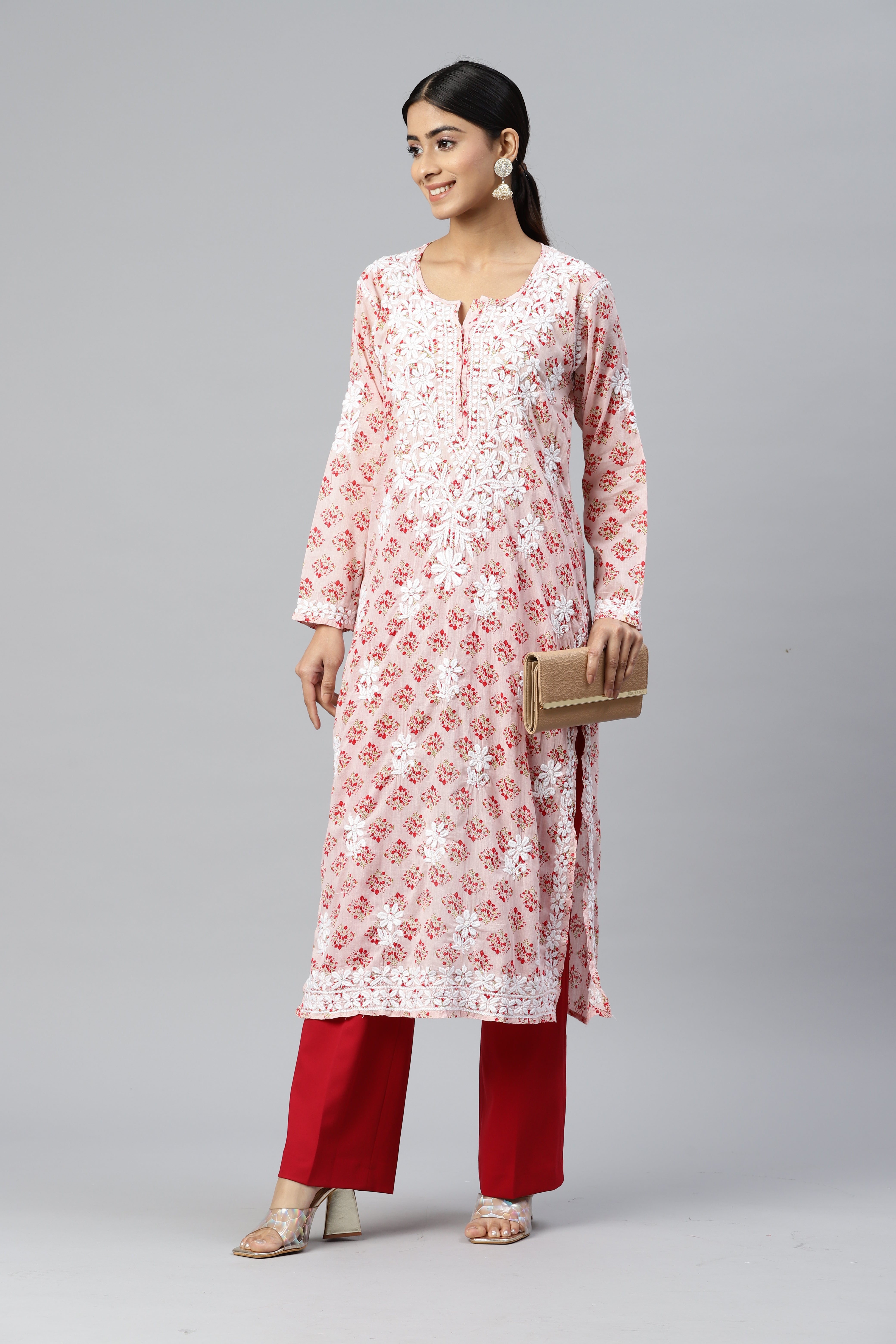 Women Hand Embroidered Chikankari Cotton Kurta-AL3649 Pink