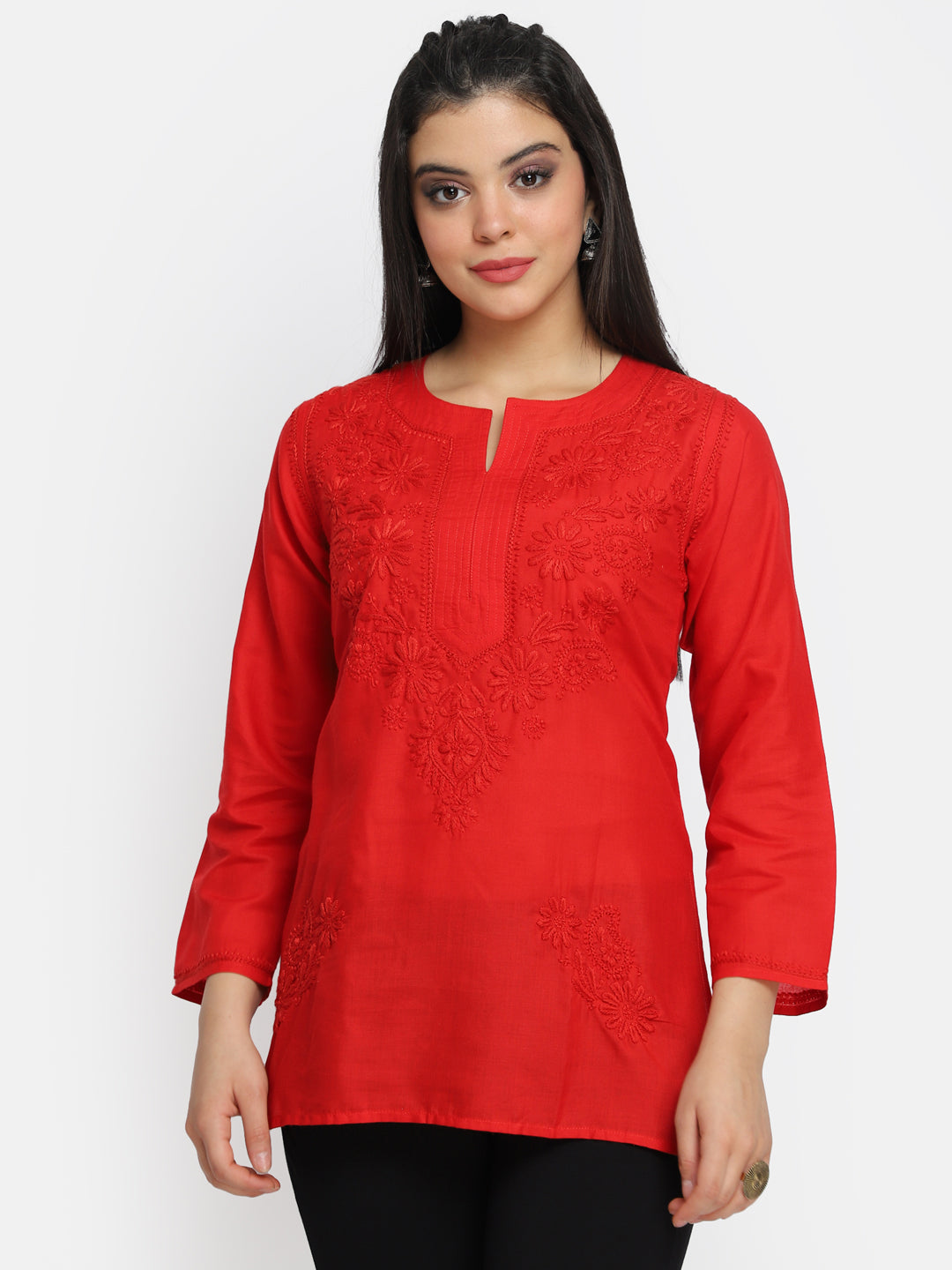 Hand Embroidered Chikankari Cotton Straight Kurti-AL3405 Red