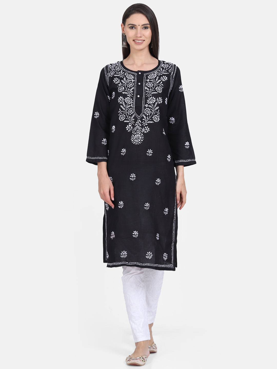 Hand Embroidered Chikankari Cotton Straight Kurti-ALNTV115