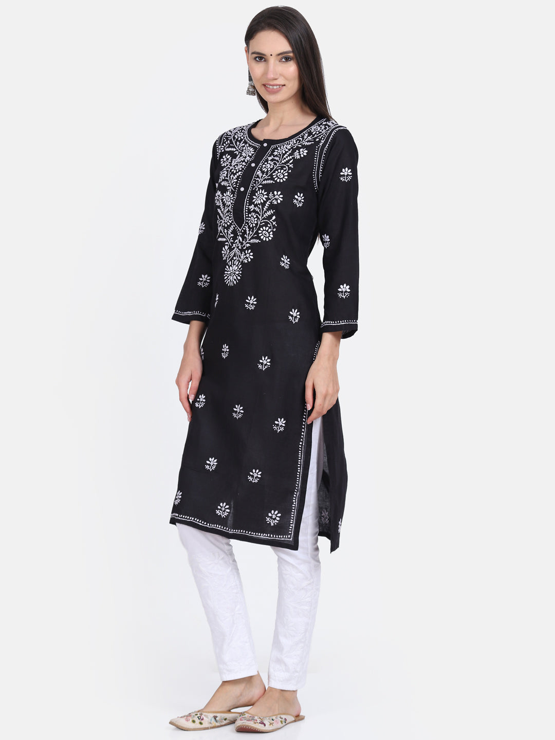 Hand Embroidered Chikankari Cotton Straight Kurta -ALNTV115 Black