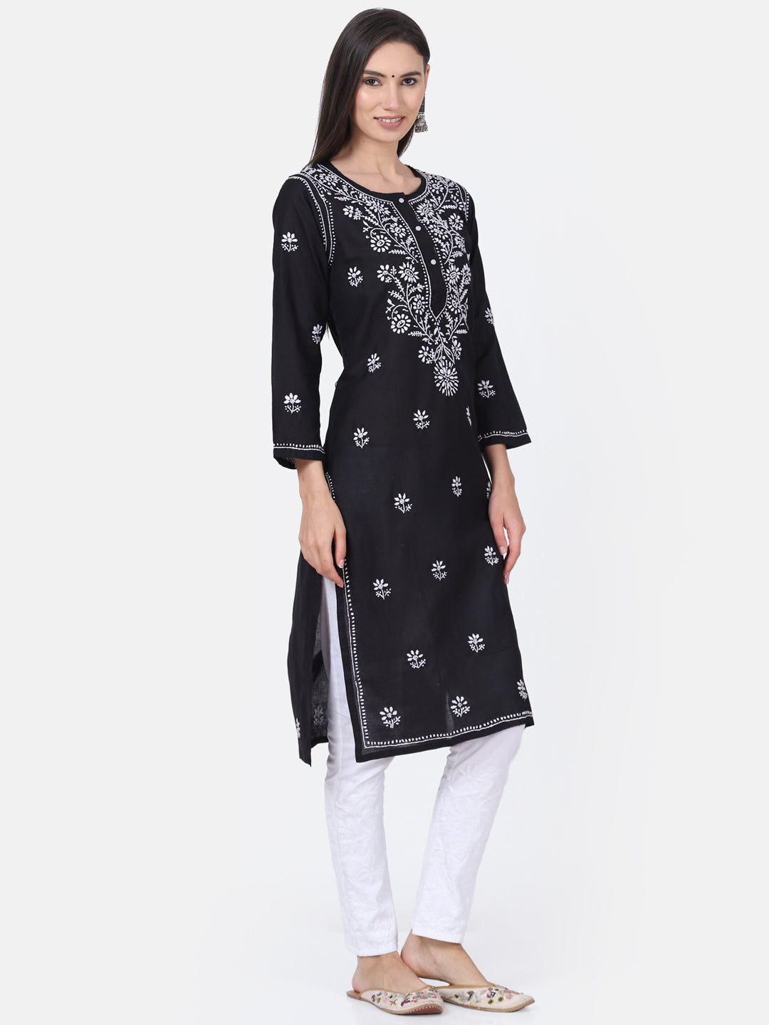 Hand Embroidered Chikankari Cotton Straight Kurta -ALNTV115 Black