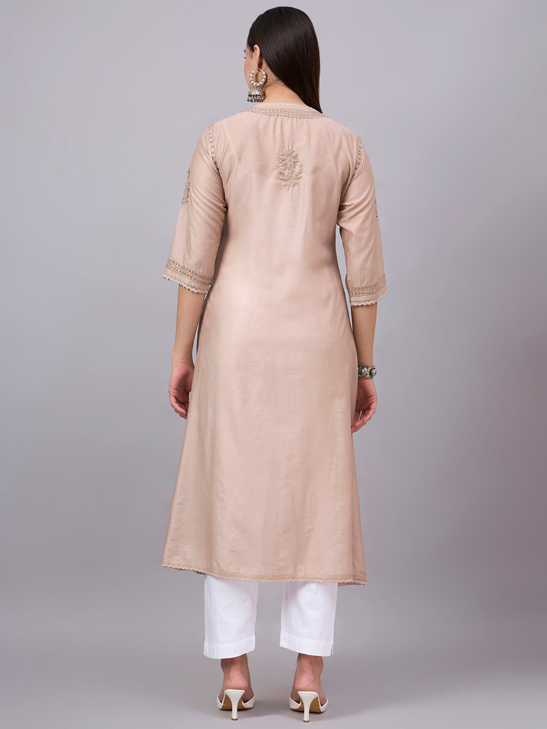 Women chikankari hand Embroidered Chanderi Angrakha kurta-AL3667 Beige