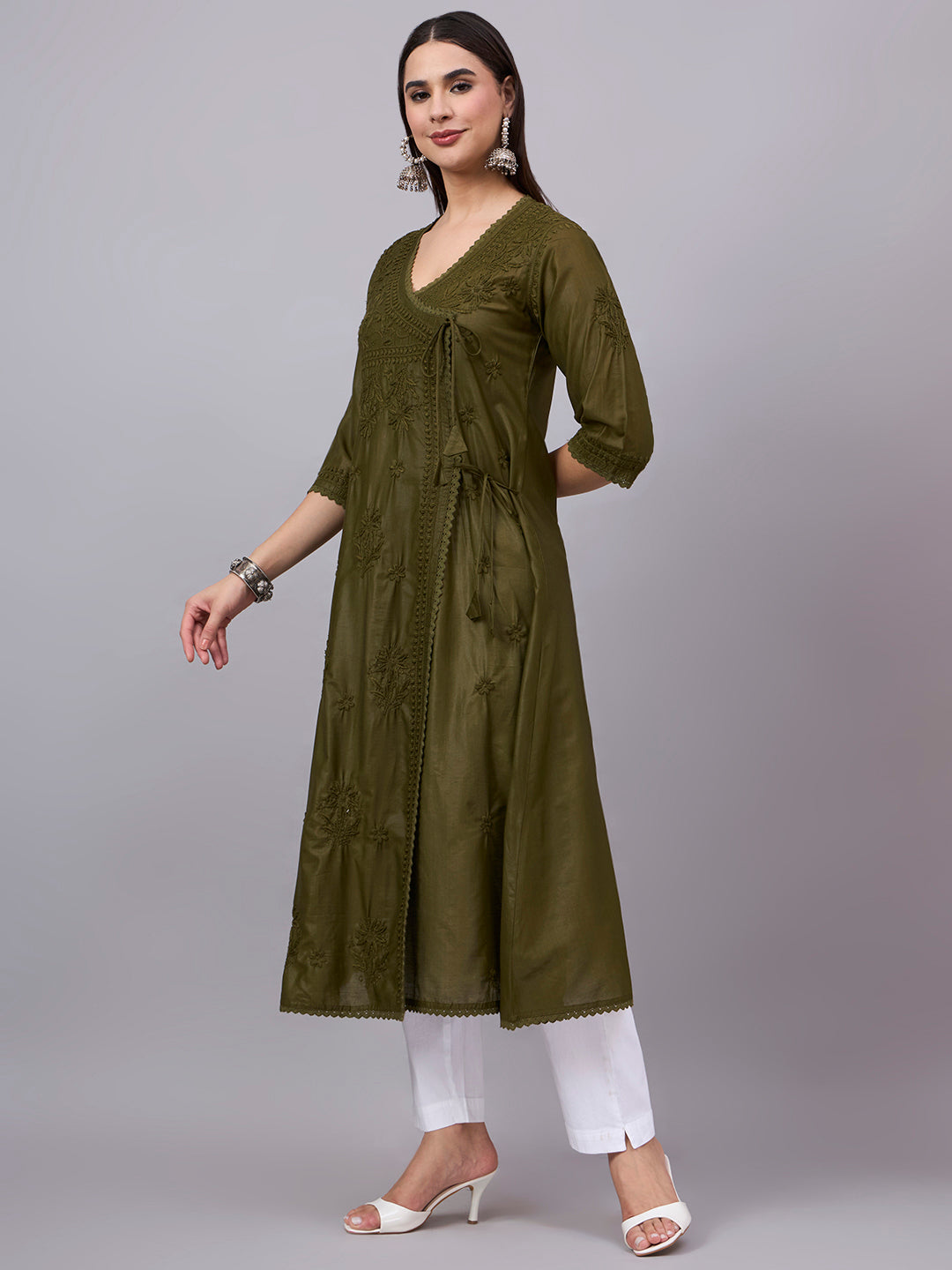 Women chikankari hand Embroidered Chanderi Angrakha kurta-AL3667 Olive