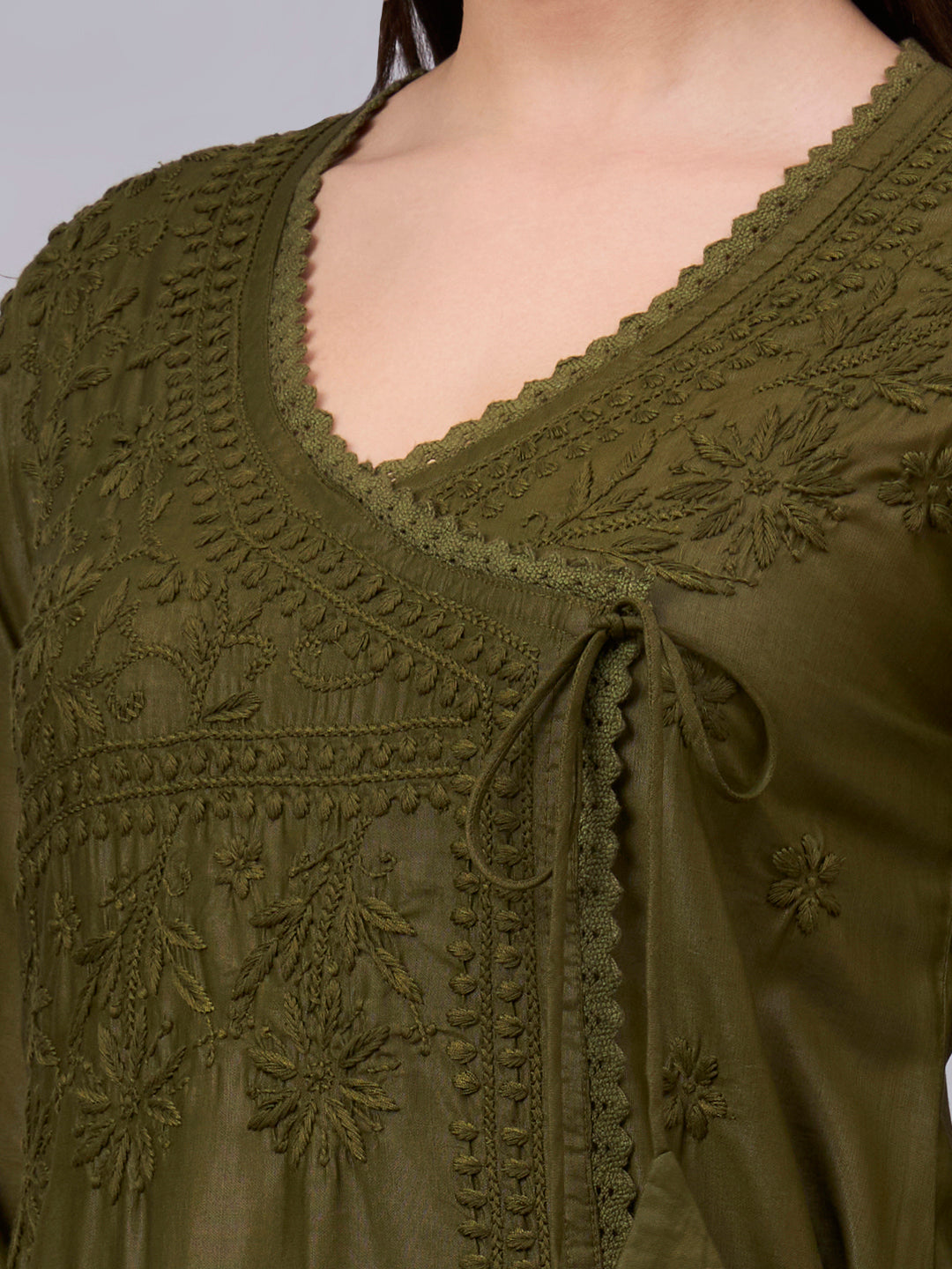 Women chikankari hand Embroidered Chanderi Angrakha kurta-AL3667 Olive