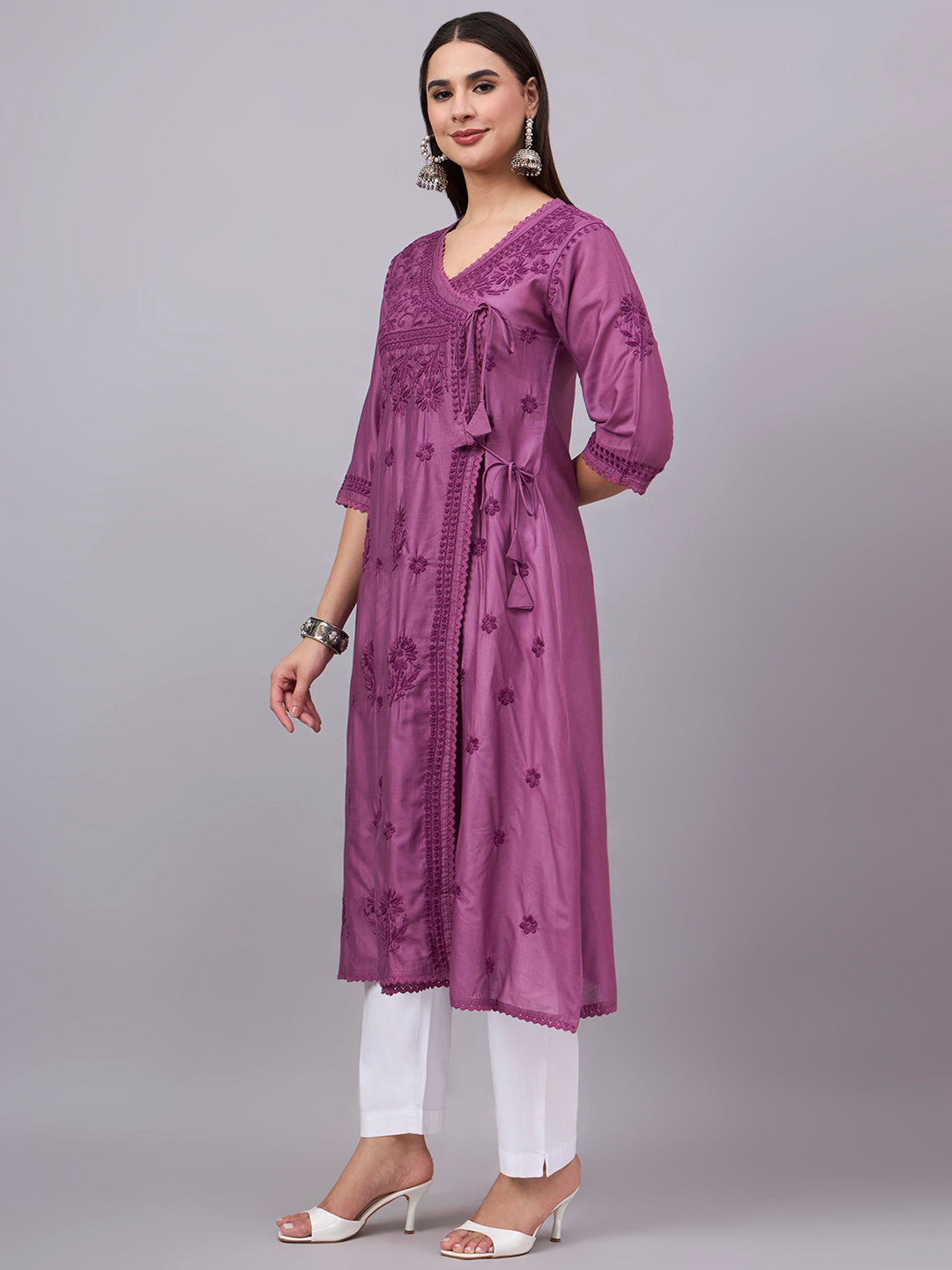 Women chikankari hand Embroidered Chanderi Angrakha kurta-AL3667 Mauve