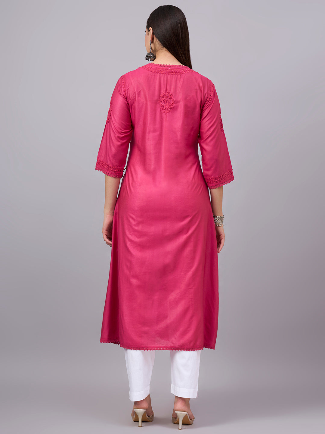 Women chikankari hand Embroidered Chanderi Angrakha kurta-AL3667 Magenta