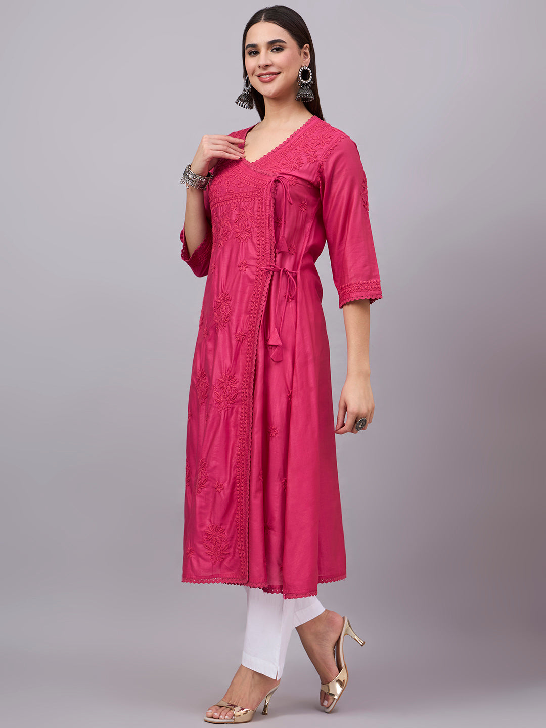 Women chikankari hand Embroidered Chanderi Angrakha kurta-AL3667 Magenta