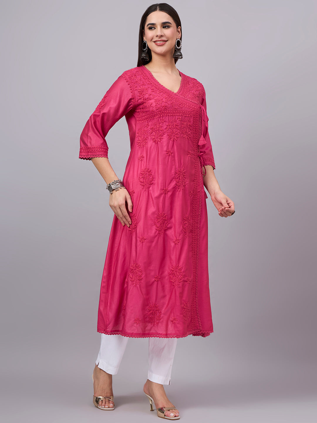 Women chikankari hand Embroidered Chanderi Angrakha kurta-AL3667 Magenta