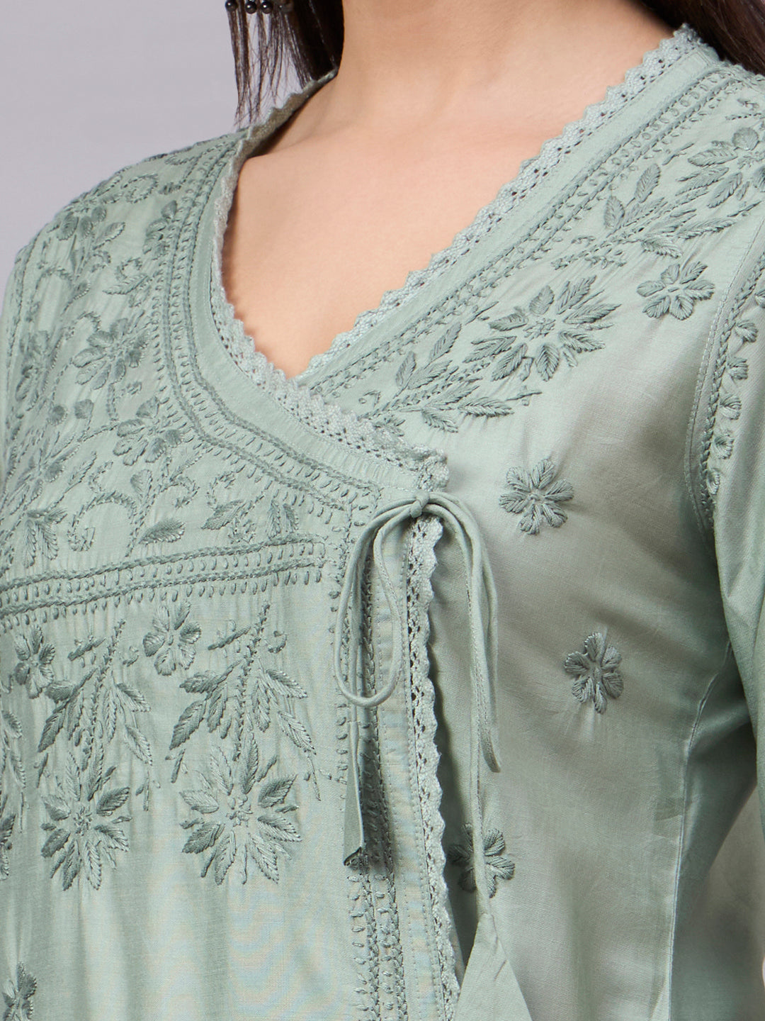 Women chikankari hand Embroidered Chanderi Angrakha kurta-AL3667 Seagreen