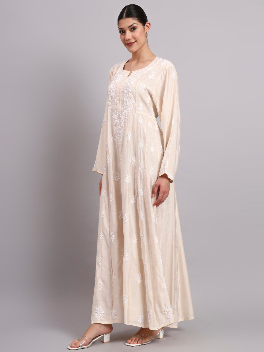 Hand Embroidered Chikankari Chanderi Jalabiya-AL4088 Beige