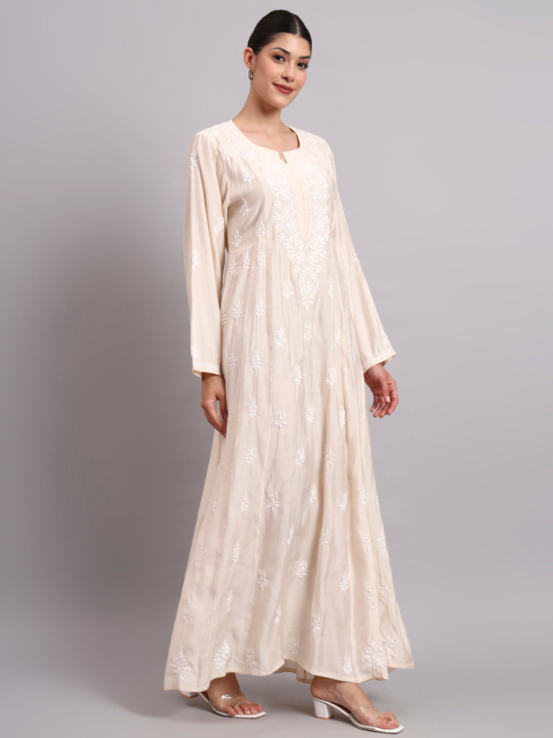 Hand Embroidered Chikankari Chanderi Jalabiya-AL4088 Beige