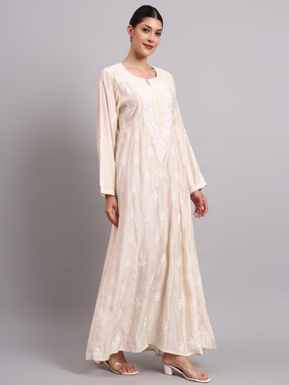 Hand Embroidered Chikankari Chanderi Jalabiya-AL4088 Beige