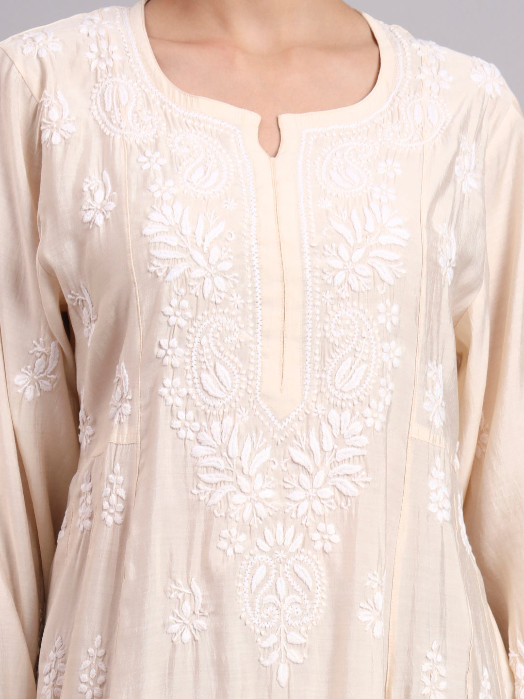 Hand Embroidered Chikankari Chanderi Jalabiya-AL4088 Beige