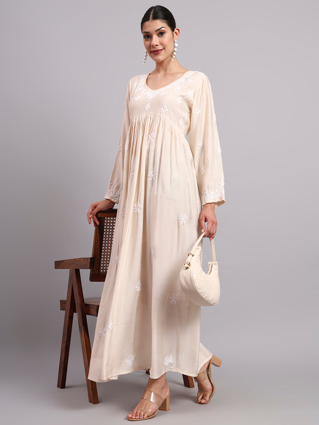 Hand Embroidered Chikankari Chanderi Jalabiya-AL4087 Beige