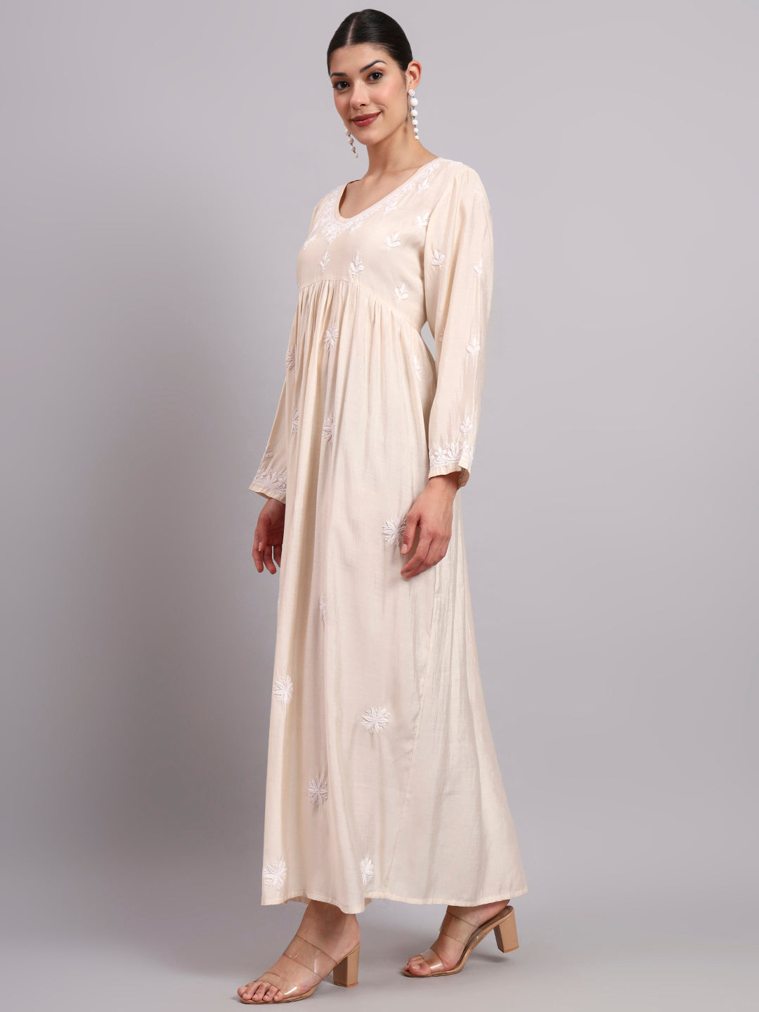 Hand Embroidered Chikankari Chanderi Jalabiya-AL4087 Beige