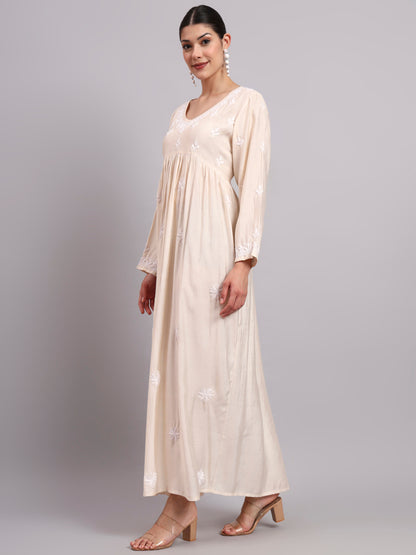 Hand Embroidered Chikankari Chanderi Jalabiya-AL4087 Beige