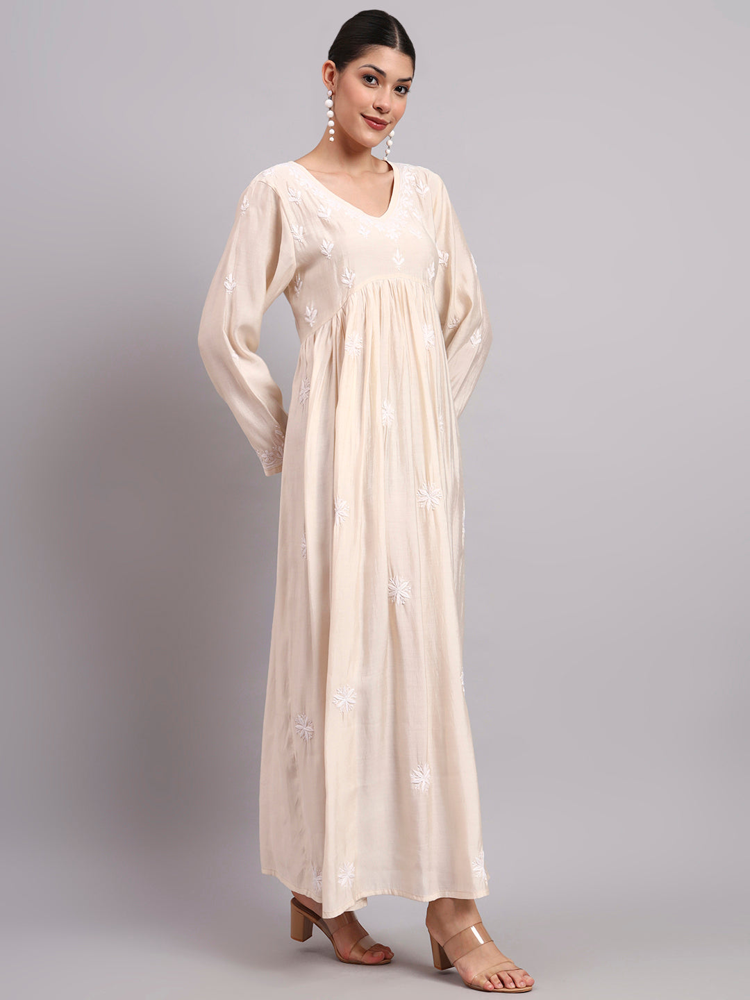 Hand Embroidered Chikankari Chanderi Jalabiya-AL4087 Beige