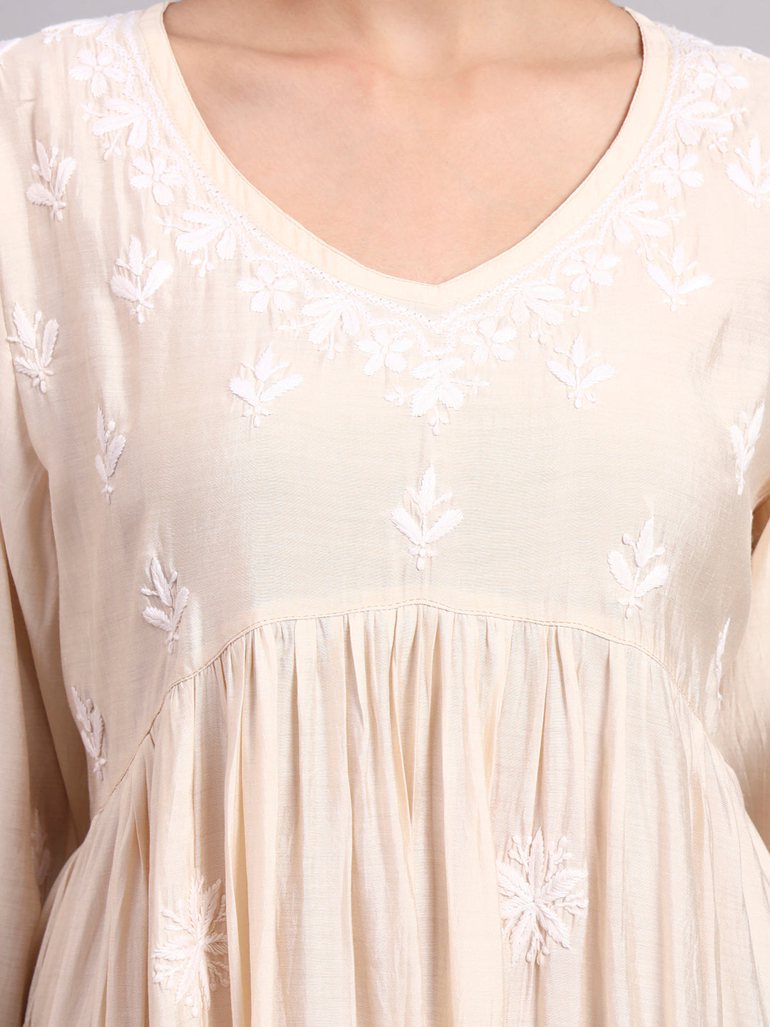 Hand Embroidered Chikankari Chanderi Jalabiya-AL4087 Beige